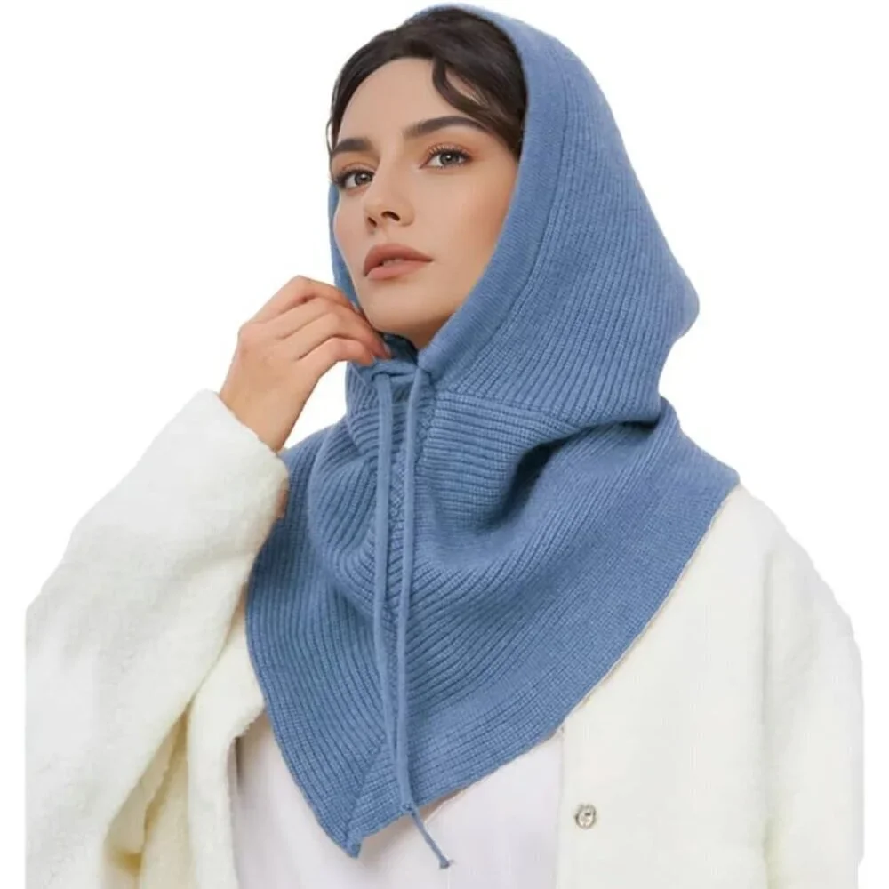 Women Blue Hooded Scarf Winter Beanie Hats Beanies Knitted Crochet Hat